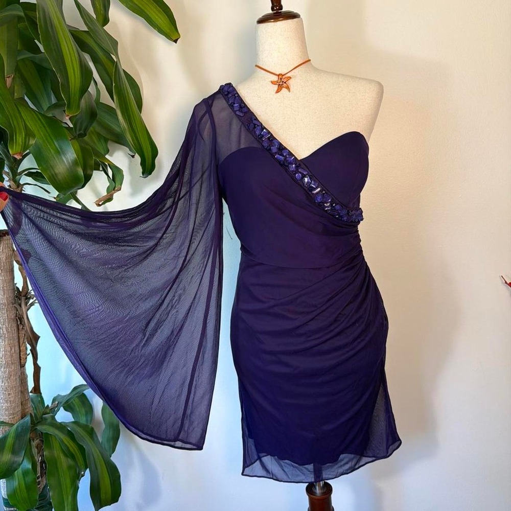 Blondie Nites Y2K One Shoulder Beaded Ruched Mini Dress Purple Size 7 51339